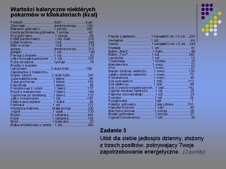 Wartości kaloryczne niektórych pokarmów w kilokaloriach (kcal) Produkt. . . . Ilość. . .