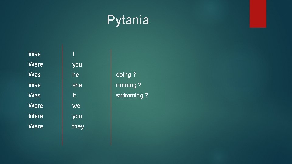 Pytania Was I Were you Was he doing ? Was she running ? Was