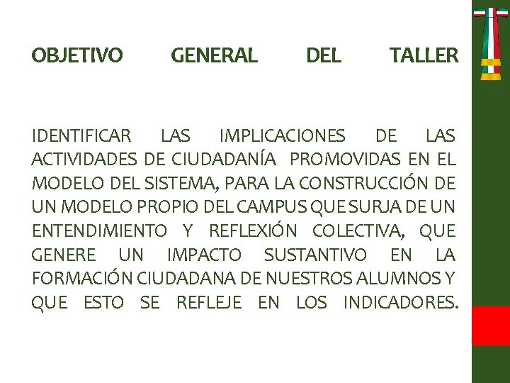 OBJETIVO GENERAL DEL TALLER IDENTIFICAR LAS IMPLICACIONES DE LAS ACTIVIDADES DE CIUDADANÍA PROMOVIDAS EN