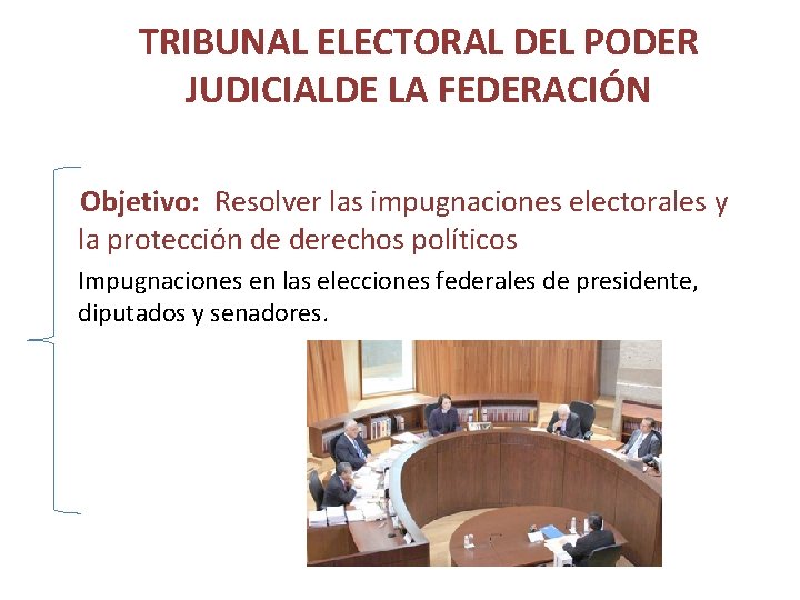 TRIBUNAL ELECTORAL DEL PODER JUDICIALDE LA FEDERACIÓN Objetivo: Resolver las impugnaciones electorales y la