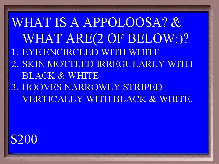 WHAT IS A APPOLOOSA? & WHAT ARE(2 OF BELOW: )? 1 - 100 2