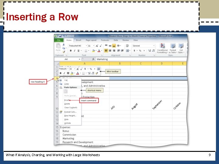 Inserting a Row What-If Analysis, Charting, and Working with Large Worksheets 9 