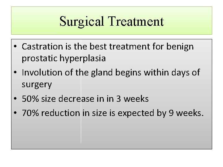 Surgical Treatment • Castration is the best treatment for benign prostatic hyperplasia • Involution