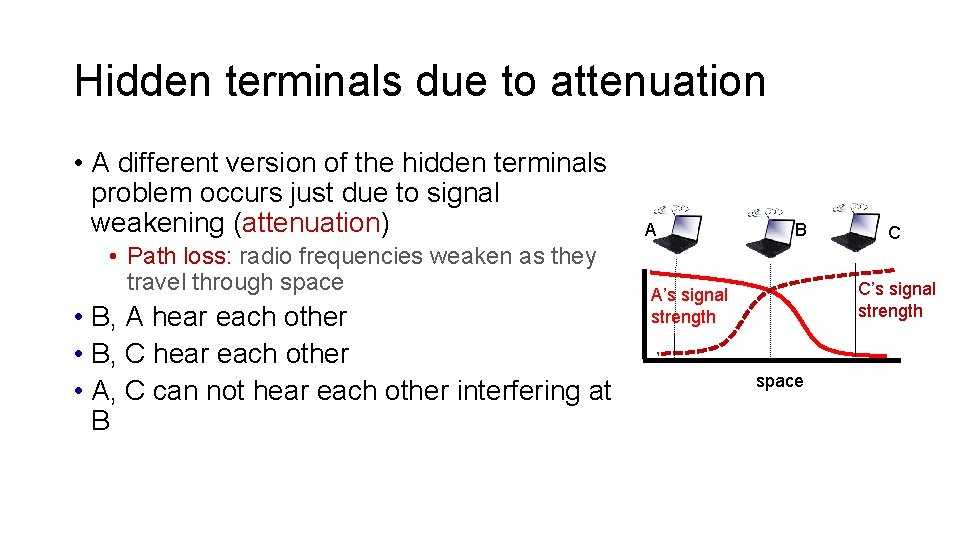 Hidden terminals due to attenuation • A different version of the hidden terminals problem