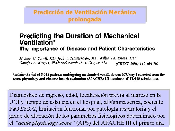 Predicción de Ventilación Mecánica prolongada Diagnóstico de ingreso, edad, localización previa al ingreso en