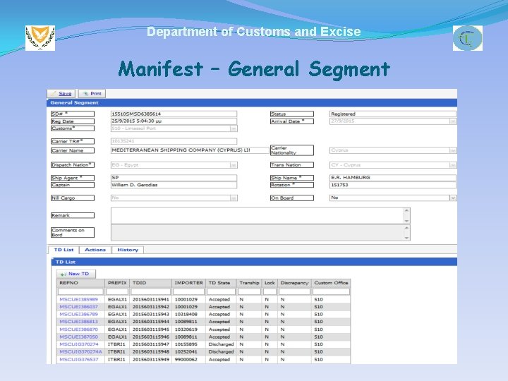 Department of Customs and Excise Manifest – General Segment 