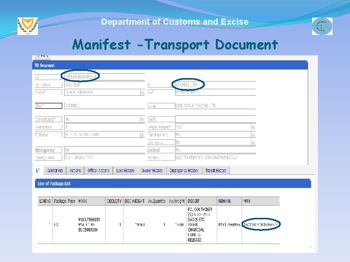 Department of Customs and Excise Manifest -Transport Document 