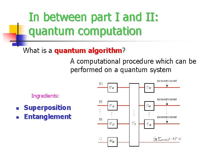 In between part I and II: quantum computation What is a quantum algorithm? algorithm