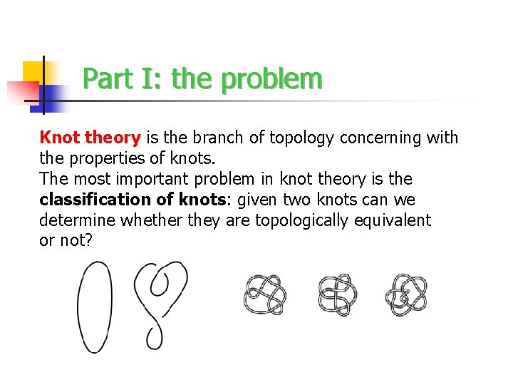 Part I: the problem Knot theory is the branch of topology concerning with the