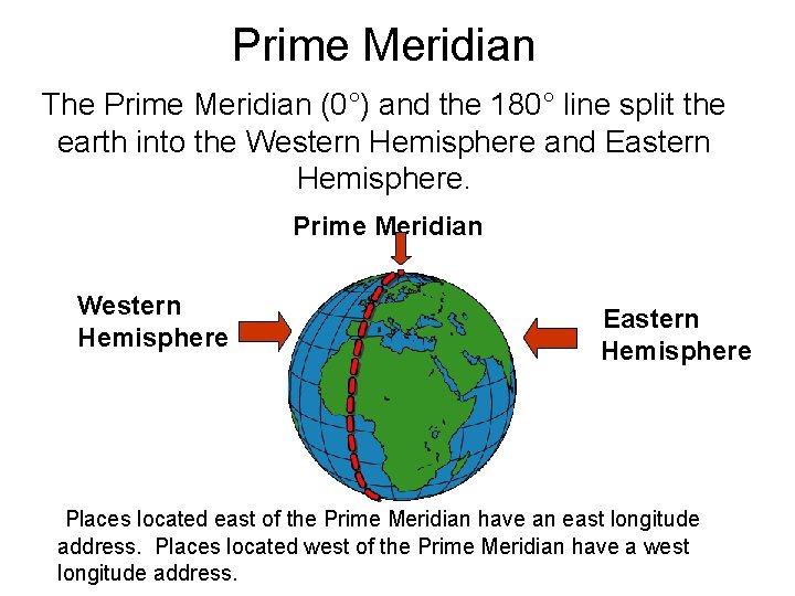 Prime Meridian The Prime Meridian (0°) and the 180° line split the earth into