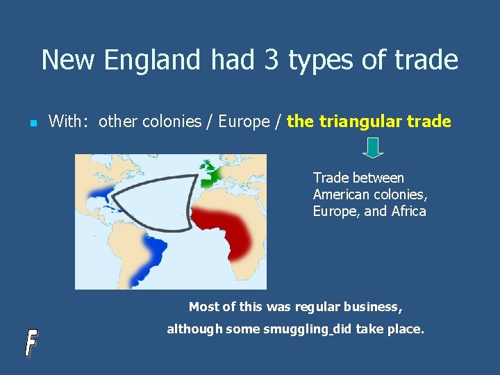 New England had 3 types of trade n With: other colonies / Europe /