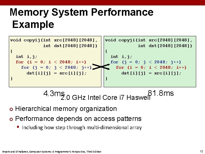Memory System Performance Example void copyij(int { int i, j; for (i = 0;