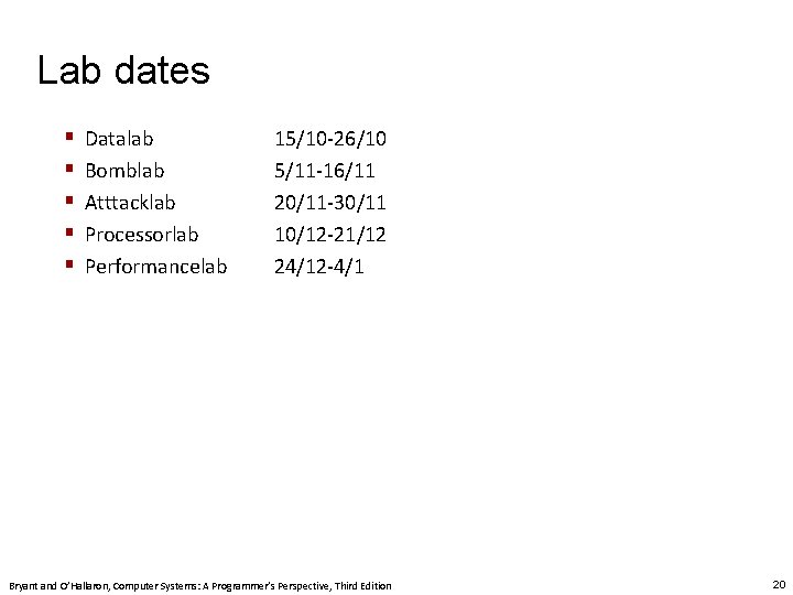 Lab dates § § § Datalab Bomblab Atttacklab Processorlab Performancelab 15/10 -26/10 5/11 -16/11