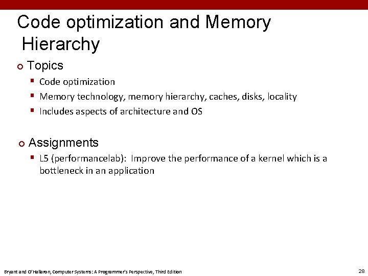 Code optimization and Memory Hierarchy ¢ Topics § Code optimization § Memory technology, memory