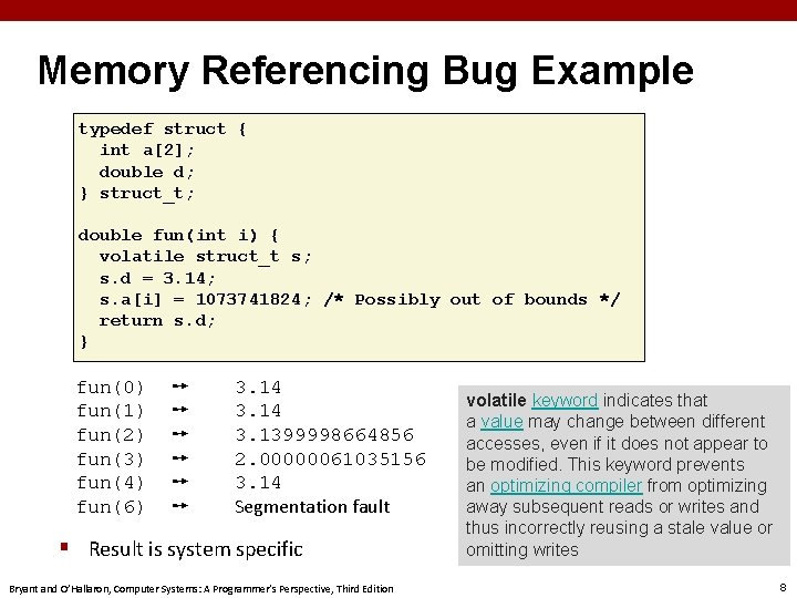 Memory Referencing Bug Example typedef struct { int a[2]; double d; } struct_t; double