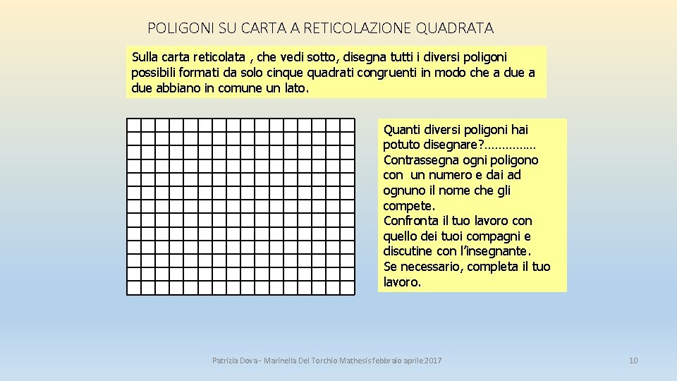 POLIGONI SU CARTA A RETICOLAZIONE QUADRATA Sulla carta reticolata , che vedi sotto, disegna POLIGONI SU CARTA A RETICOLAZIONE QUADRATA Sulla carta reticolata , che vedi sotto, disegna