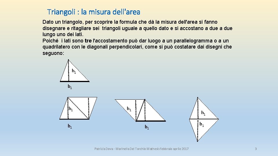 Triangoli : la misura dell'area Dato un triangolo, per scoprire la formula che dà Triangoli : la misura dell'area Dato un triangolo, per scoprire la formula che dà
