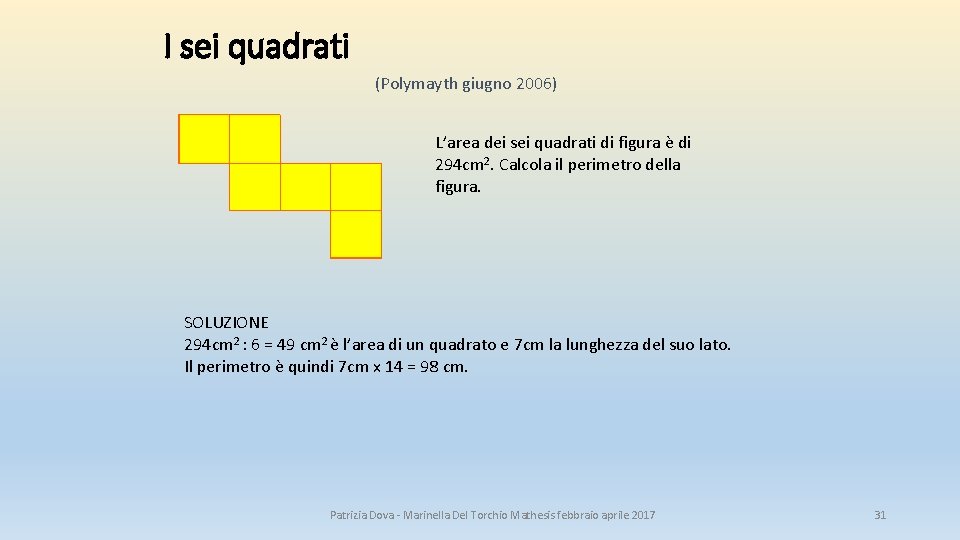 I sei quadrati (Polymayth giugno 2006) L’area dei sei quadrati di figura è di I sei quadrati (Polymayth giugno 2006) L’area dei sei quadrati di figura è di