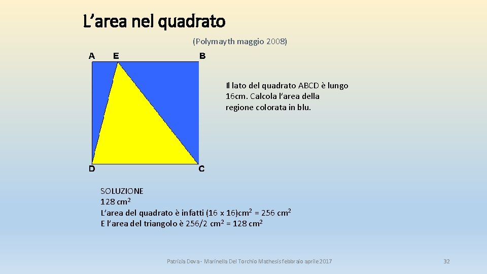 L’area nel quadrato (Polymayth maggio 2008) Il lato del quadrato ABCD è lungo 16 L’area nel quadrato (Polymayth maggio 2008) Il lato del quadrato ABCD è lungo 16