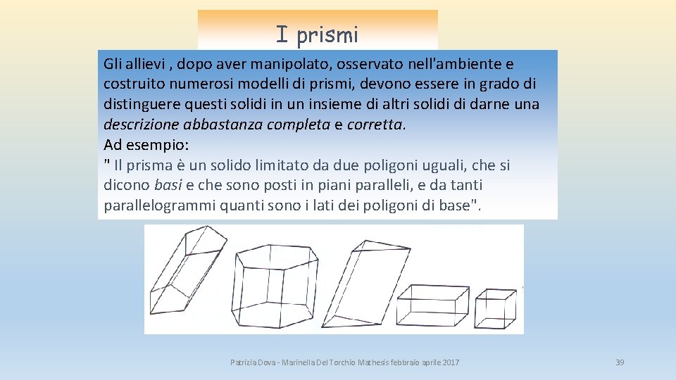 I prismi Gli allievi , dopo aver manipolato, osservato nell'ambiente e costruito numerosi modelli I prismi Gli allievi , dopo aver manipolato, osservato nell'ambiente e costruito numerosi modelli