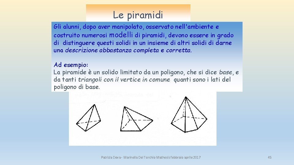 Le piramidi Gli alunni, dopo aver manipolato, osservato nell'ambiente e costruito numerosi modelli di Le piramidi Gli alunni, dopo aver manipolato, osservato nell'ambiente e costruito numerosi modelli di