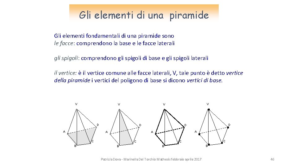 Gli elementi di una piramide Gli elementi fondamentali di una piramide sono le facce: Gli elementi di una piramide Gli elementi fondamentali di una piramide sono le facce: