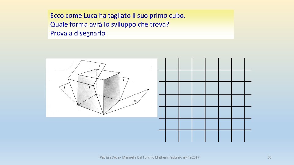Ecco come Luca ha tagliato il suo primo cubo. Quale forma avrà lo sviluppo Ecco come Luca ha tagliato il suo primo cubo. Quale forma avrà lo sviluppo