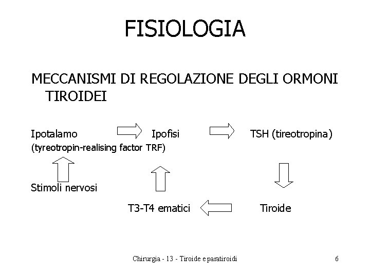 FISIOLOGIA MECCANISMI DI REGOLAZIONE DEGLI ORMONI TIROIDEI Ipotalamo Ipofisi TSH (tireotropina) (tyreotropin-realising factor TRF)