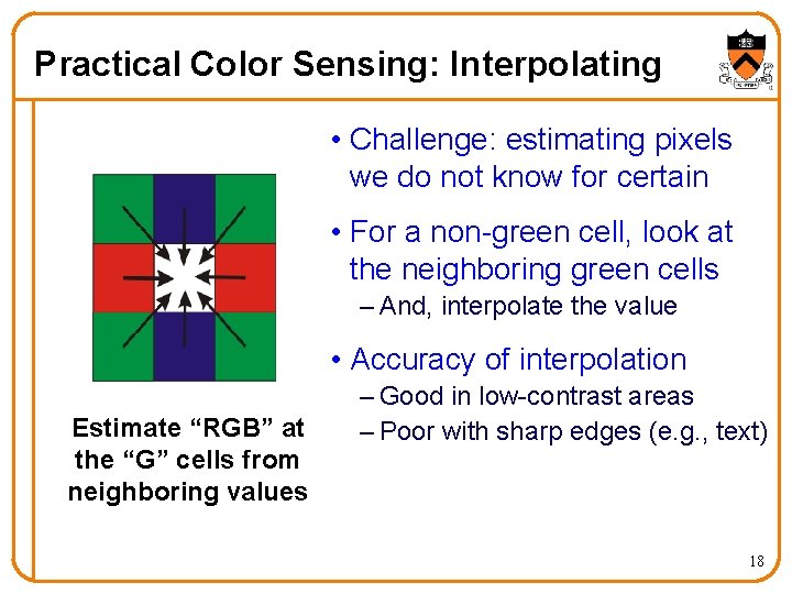 Practical Color Sensing: Interpolating • Challenge: estimating pixels we do not know for certain
