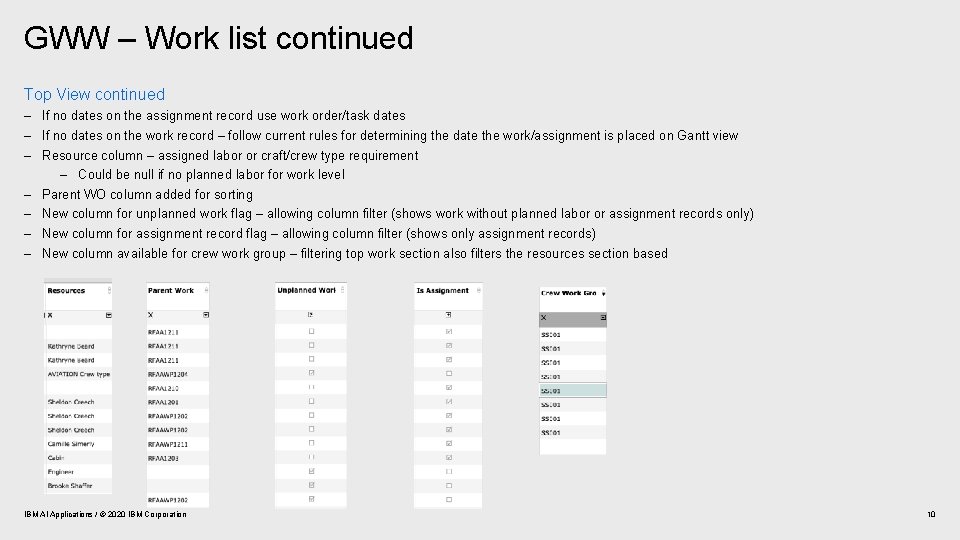 GWW – Work list continued Top View continued – If no dates on the