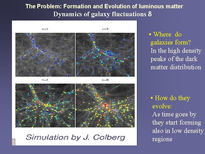 The Problem: Formation and Evolution of luminous matter Dynamics of galaxy fluctuations • Where