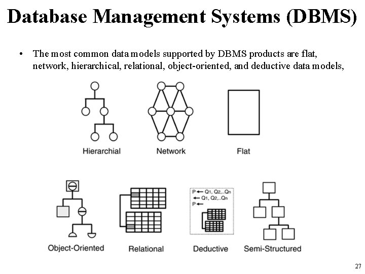 Database Management Systems (DBMS) • The most common data models supported by DBMS products