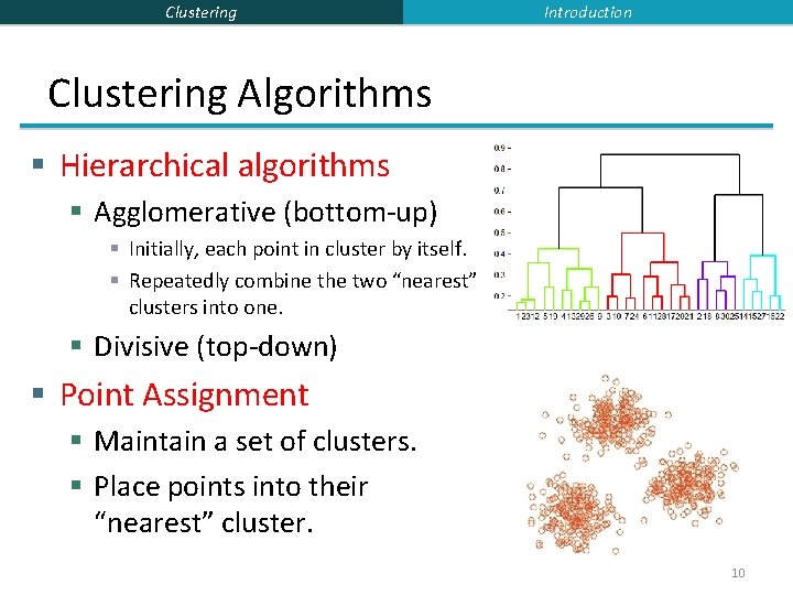 Clustering Introduction Clustering Algorithms § Hierarchical algorithms § Agglomerative (bottom-up) § Initially, each point