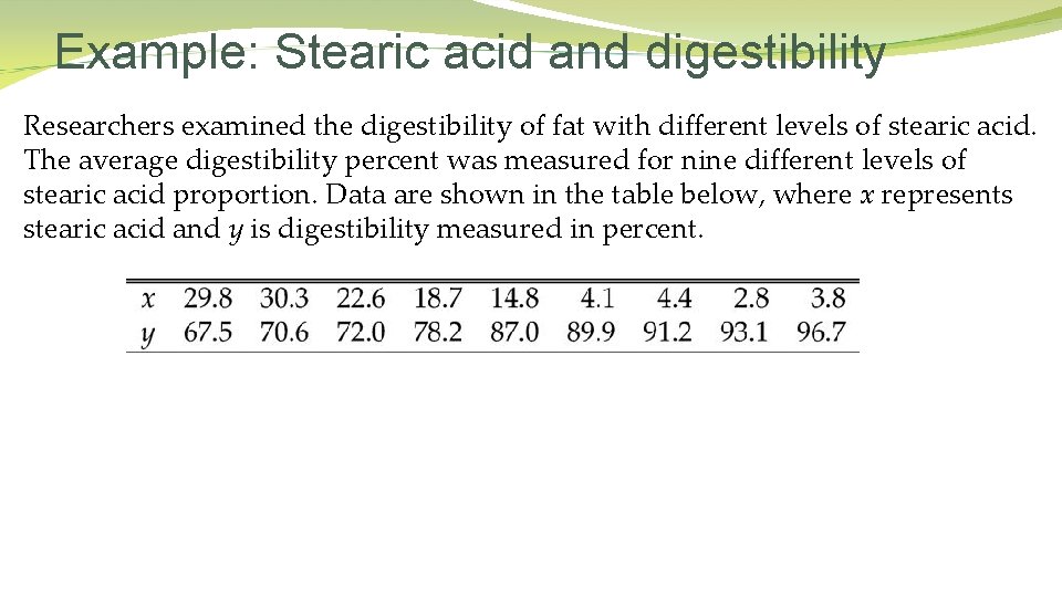 Example: Stearic acid and digestibility Researchers examined the digestibility of fat with different levels