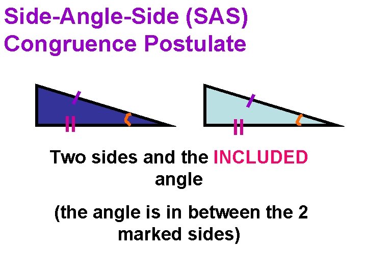 Side-Angle-Side (SAS) Congruence Postulate Two sides and the INCLUDED angle (the angle is in