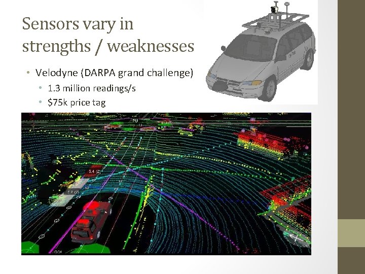 Sensors vary in strengths / weaknesses • Velodyne (DARPA grand challenge) • 1. 3