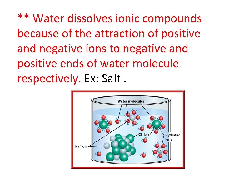 ** Water dissolves ionic compounds because of the attraction of positive and negative ions ** Water dissolves ionic compounds because of the attraction of positive and negative ions
