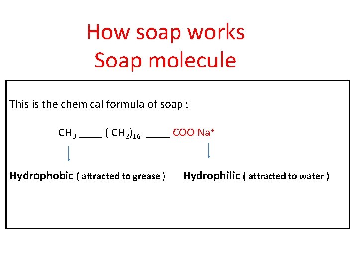 How soap works Soap molecule This is the chemical formula of soap : CH How soap works Soap molecule This is the chemical formula of soap : CH