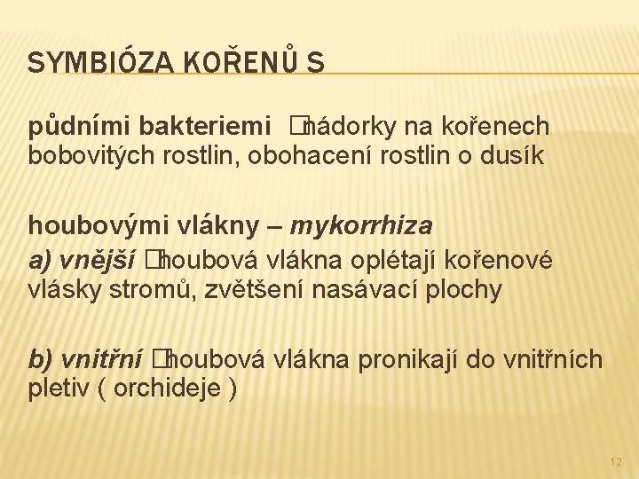 SYMBIÓZA KOŘENŮ S půdními bakteriemi �nádorky na kořenech bobovitých rostlin, obohacení rostlin o dusík