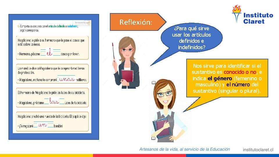 Reflexión: ¿Para qué sirve usar los artículos definidos e indefinidos? Nos sirve para identificar