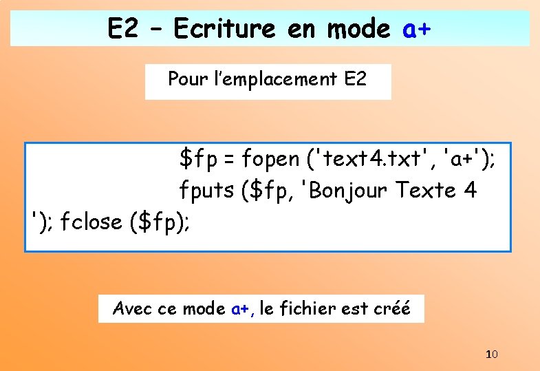 E 2 – Ecriture en mode a+ Pour l’emplacement E 2 $fp = fopen