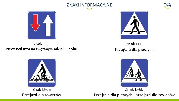 ZNAKI INFORMACYJNE Znak D-5 Pierwszeństwo na zwężonym odcinku jezdni Znak D-6 Przejście dla pieszych