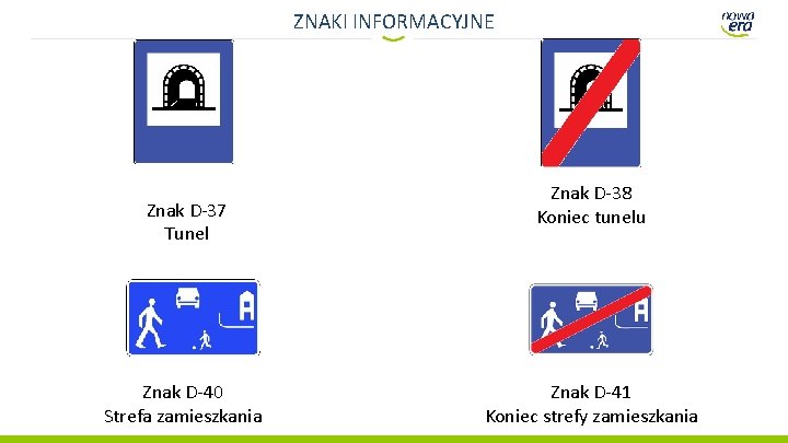 ZNAKI INFORMACYJNE Znak D-37 Tunel Znak D-40 Strefa zamieszkania Znak D-38 Koniec tunelu Znak