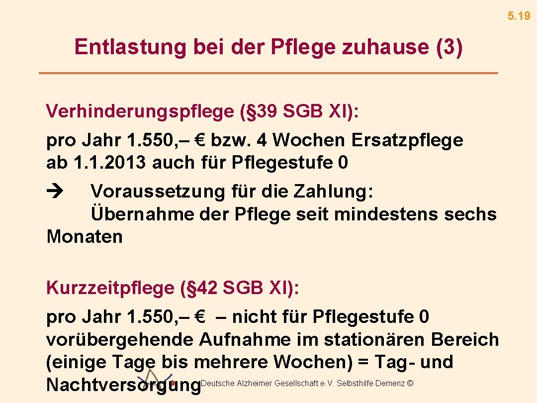 5. 19 Entlastung bei der Pflege zuhause (3) Verhinderungspflege (§ 39 SGB XI): pro