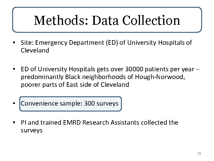 Methods: Data Collection • Site: Emergency Department (ED) of University Hospitals of Cleveland •