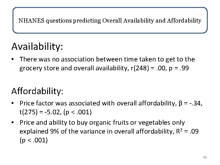 NHANES questions predicting Overall Availability and Affordability Availability: • There was no association between