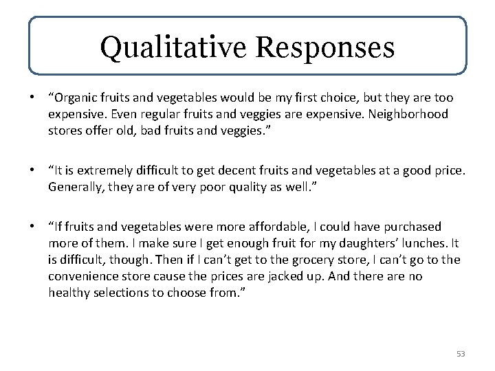 Qualitative Responses • “Organic fruits and vegetables would be my first choice, but they