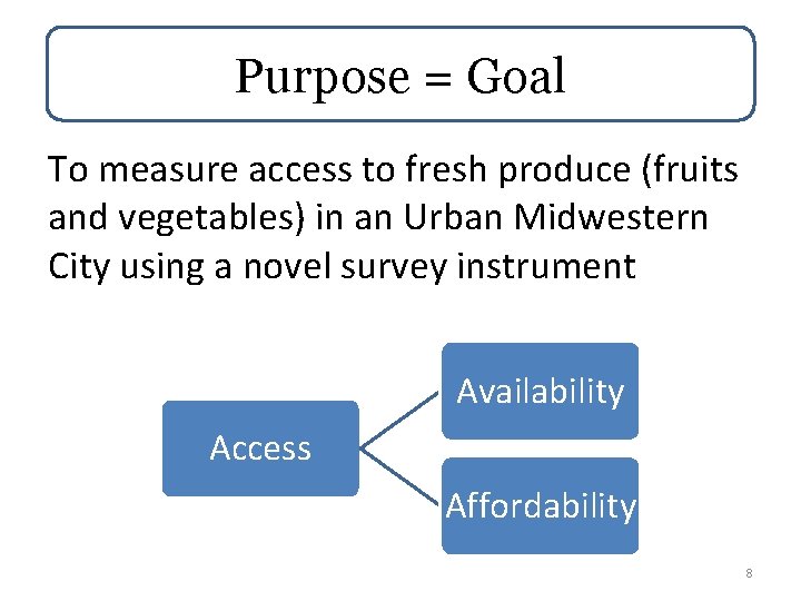 Purpose = Goal To measure access to fresh produce (fruits and vegetables) in an