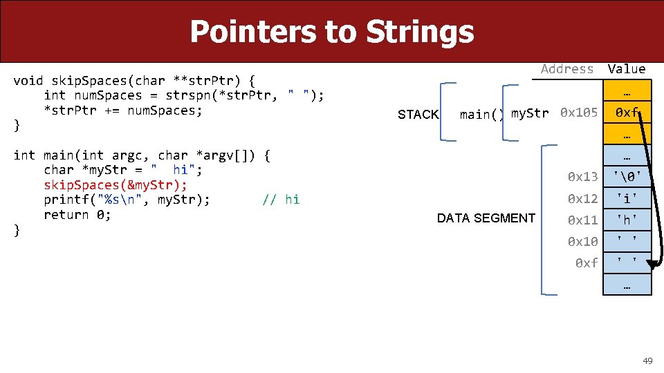Pointers to Strings void skip. Spaces(char **str. Ptr) { int num. Spaces = strspn(*str.