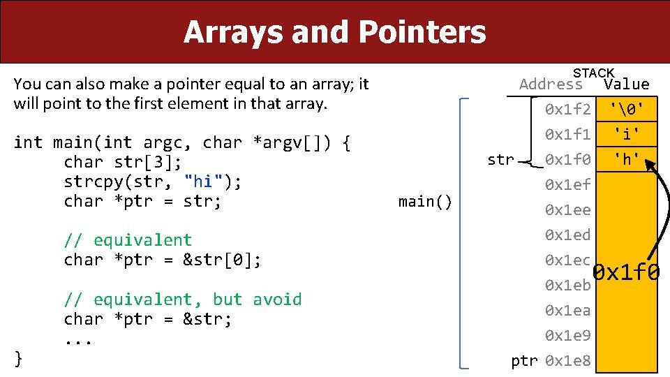 Arrays and Pointers STACK You can also make a pointer equal to an array;
